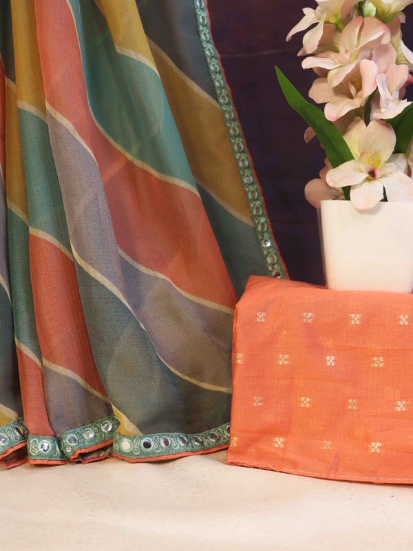 Banarasee Multicolor Chiffon Saree With Leheriya Design & Mirror Work Border-Multicolor