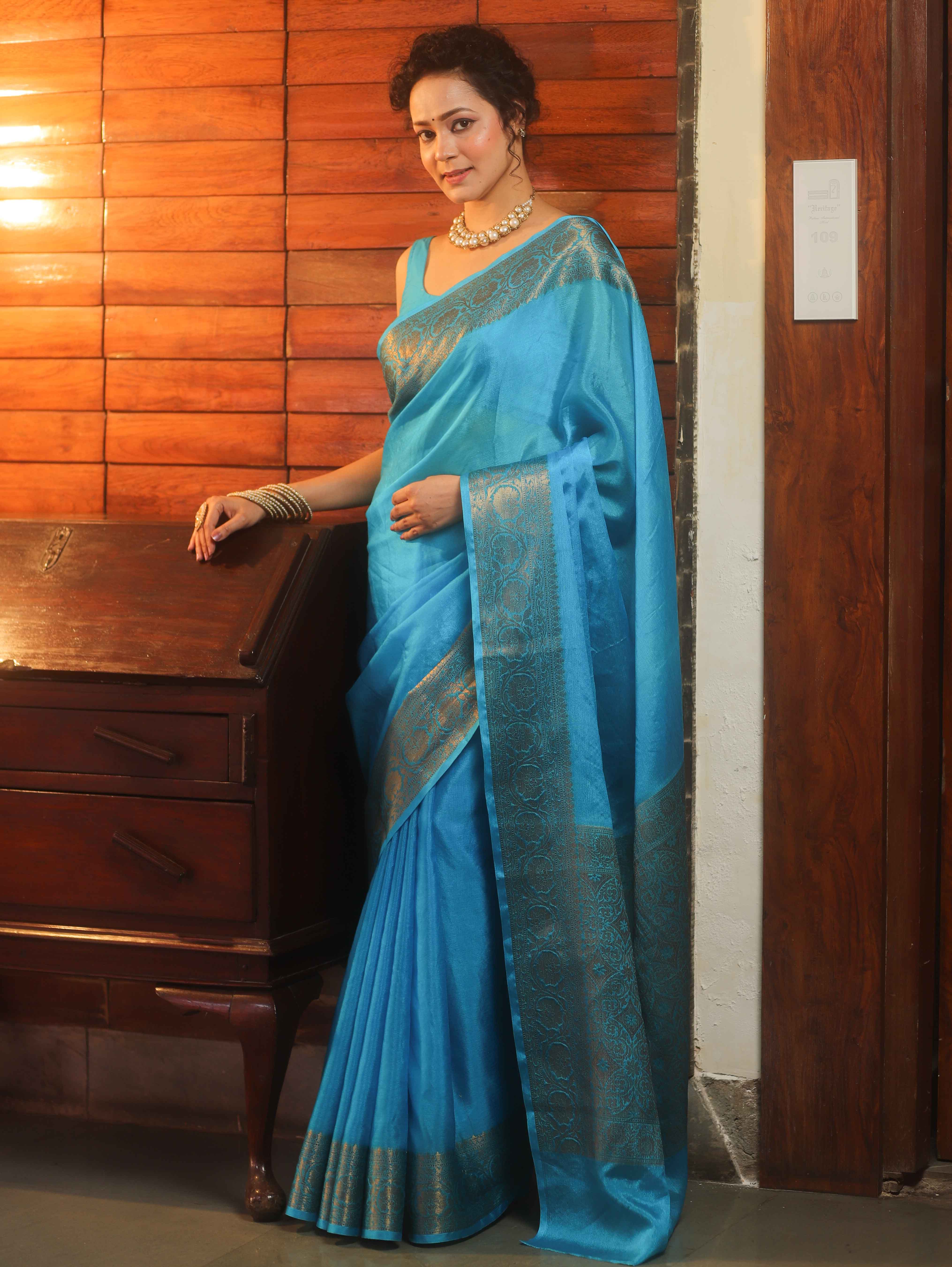 Banarasee Handwoven Semi Silk Plain Saree With Antique Zari Border-Blue