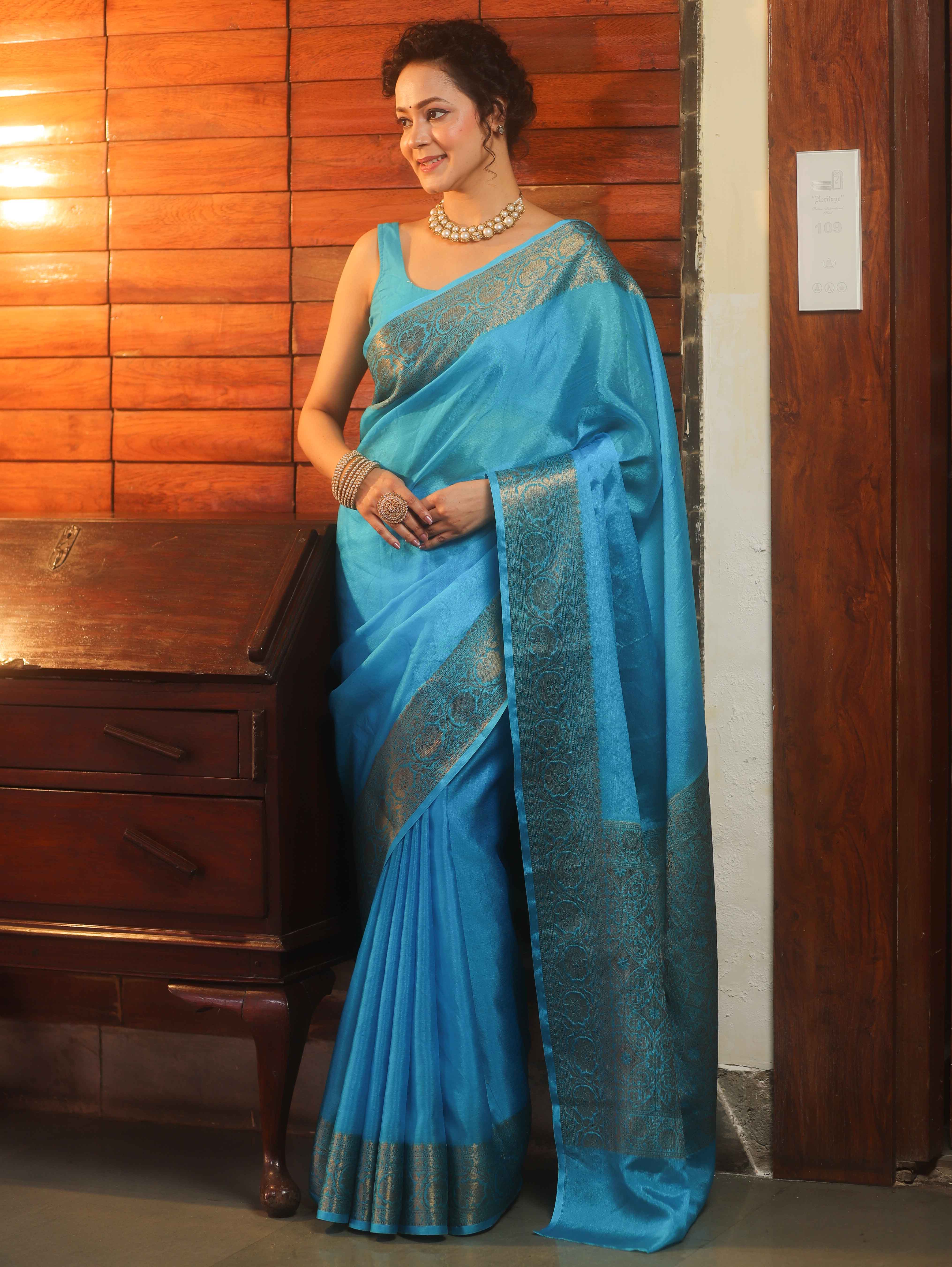 Banarasee Handwoven Semi Silk Plain Saree With Antique Zari Border-Blue