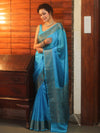Banarasee Handwoven Semi Silk Plain Saree With Antique Zari Border-Blue