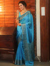 Banarasee Handwoven Semi Silk Plain Saree With Antique Zari Border-Blue