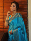 Banarasee Handwoven Semi Silk Plain Saree With Antique Zari Border-Blue