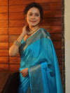 Banarasee Handwoven Semi Silk Plain Saree With Antique Zari Border-Blue