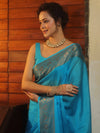 Banarasee Handwoven Semi Silk Plain Saree With Antique Zari Border-Blue
