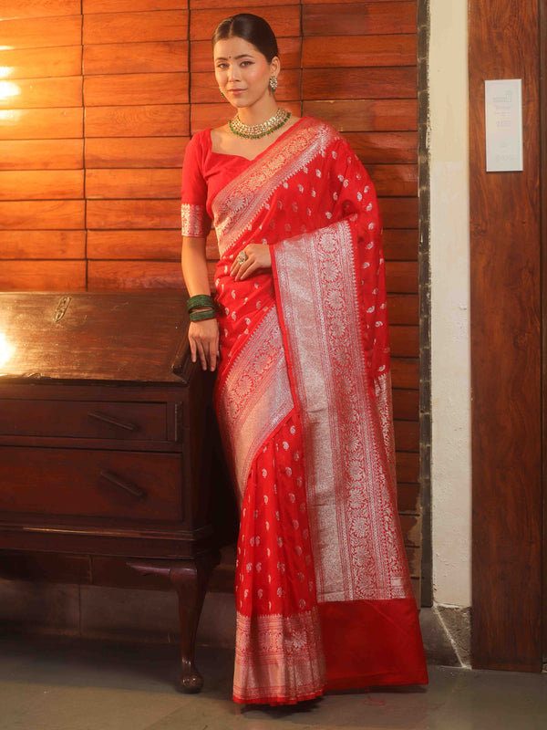 Banarasee Semi-Georgette Saree With Silver Zari Buti & Border-Red