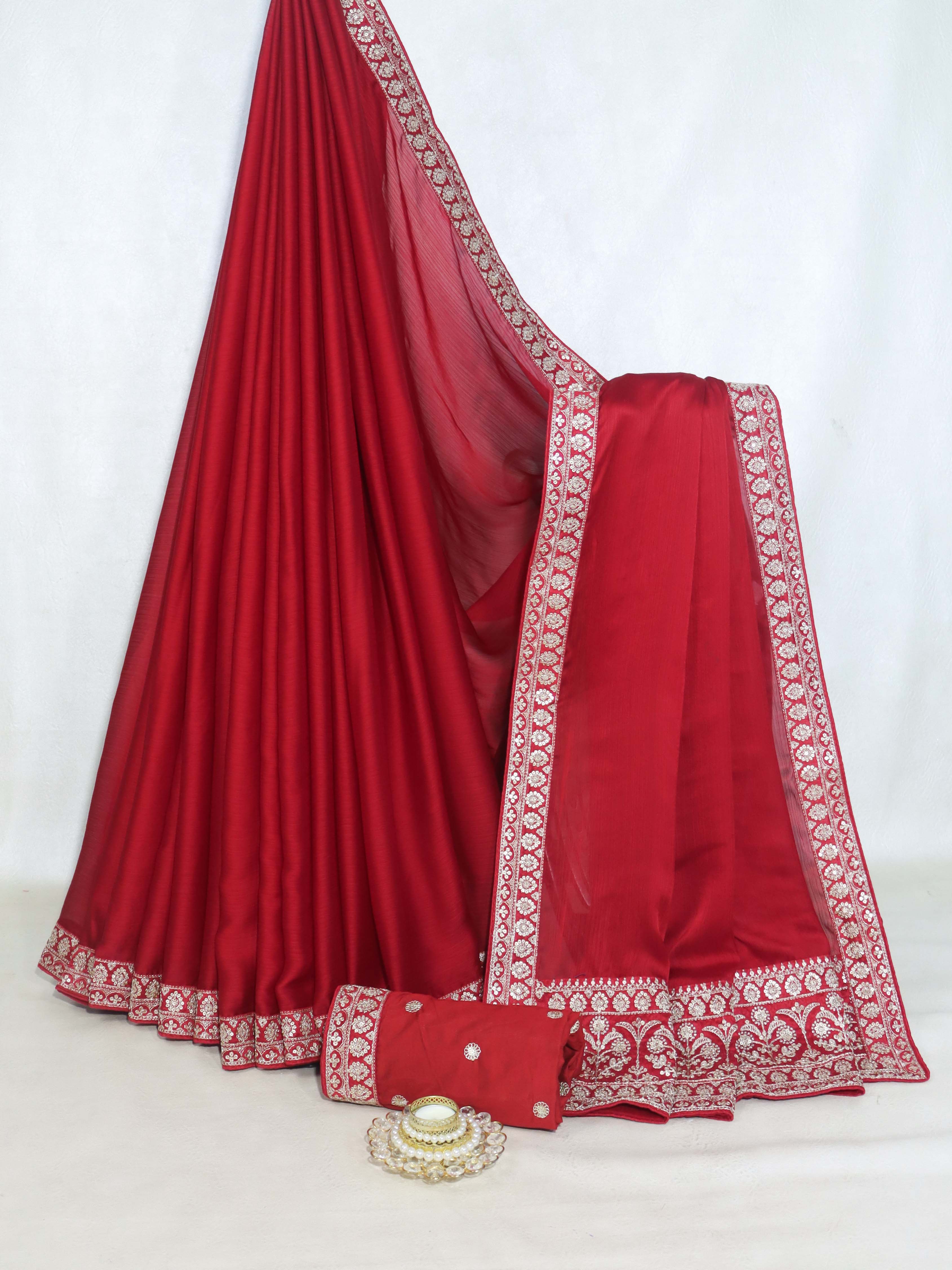 Banarasee Handloom Plain Chiffon Saree With Silver Zari Border-Maroon