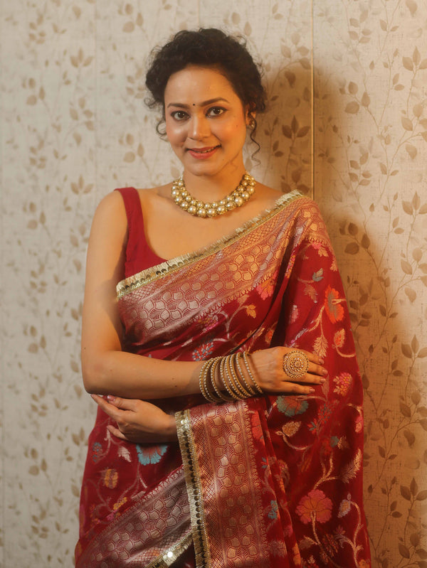 Banarasee Semi-Georgette Saree Meena Jaal Design With Gold Zari Border Design-Maroon