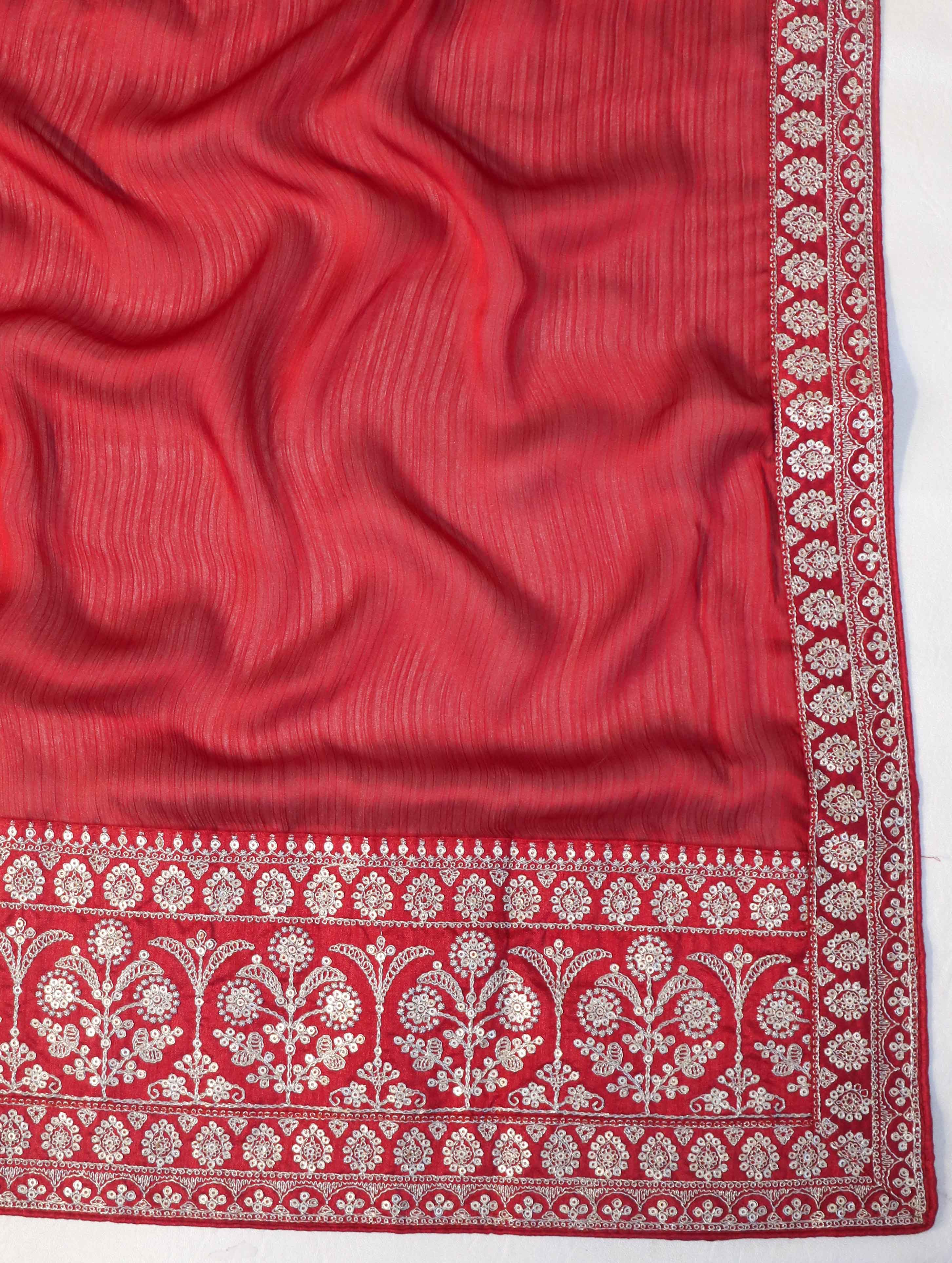 Banarasee Handloom Plain Chiffon Saree With Silver Zari Border-Maroon