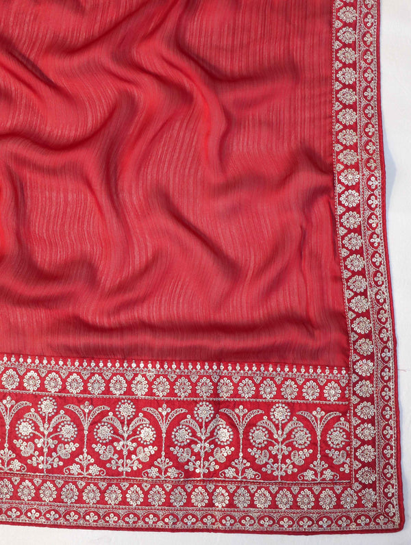 Banarasee Handloom Plain Chiffon Saree With Silver Zari Border-Maroon