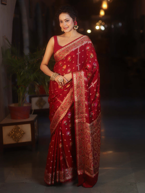 Banarasee Pure Chiffon Saree With Resham Buti & Border-Maroon