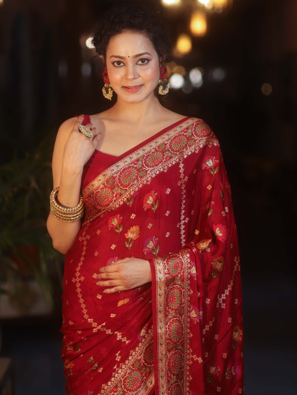 Banarasee Pure Chiffon Saree With Resham Buti & Border-Maroon