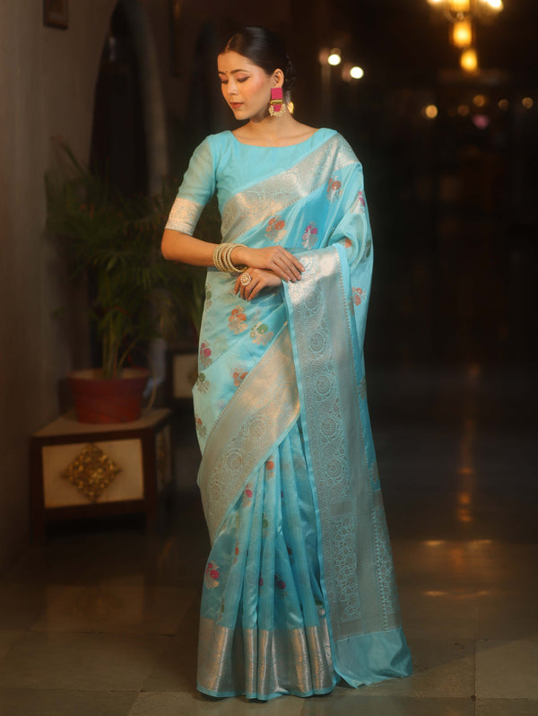 Banarasee Semi Georgette Saree With Silver Zari Meena Design & Border-Light Blue