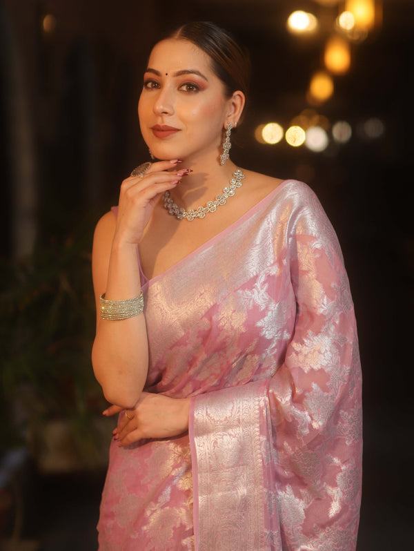 Banarasee Pure Chiffon Saree With Silver Zari Jaal Design & Border-Lilac