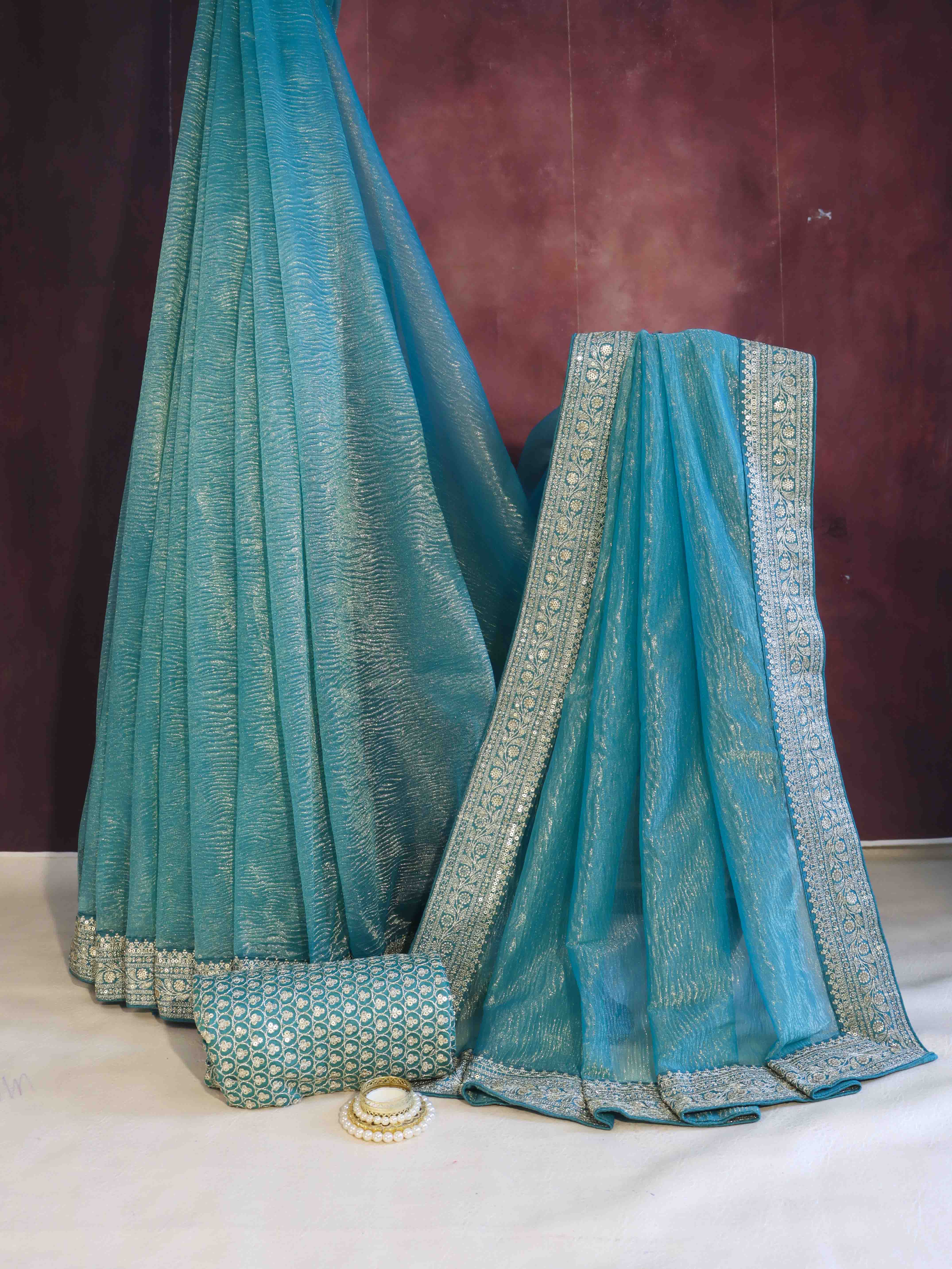 Banarasee Handwoven Crushed Tissue Saree With Silver Zari Border-Sky Blue