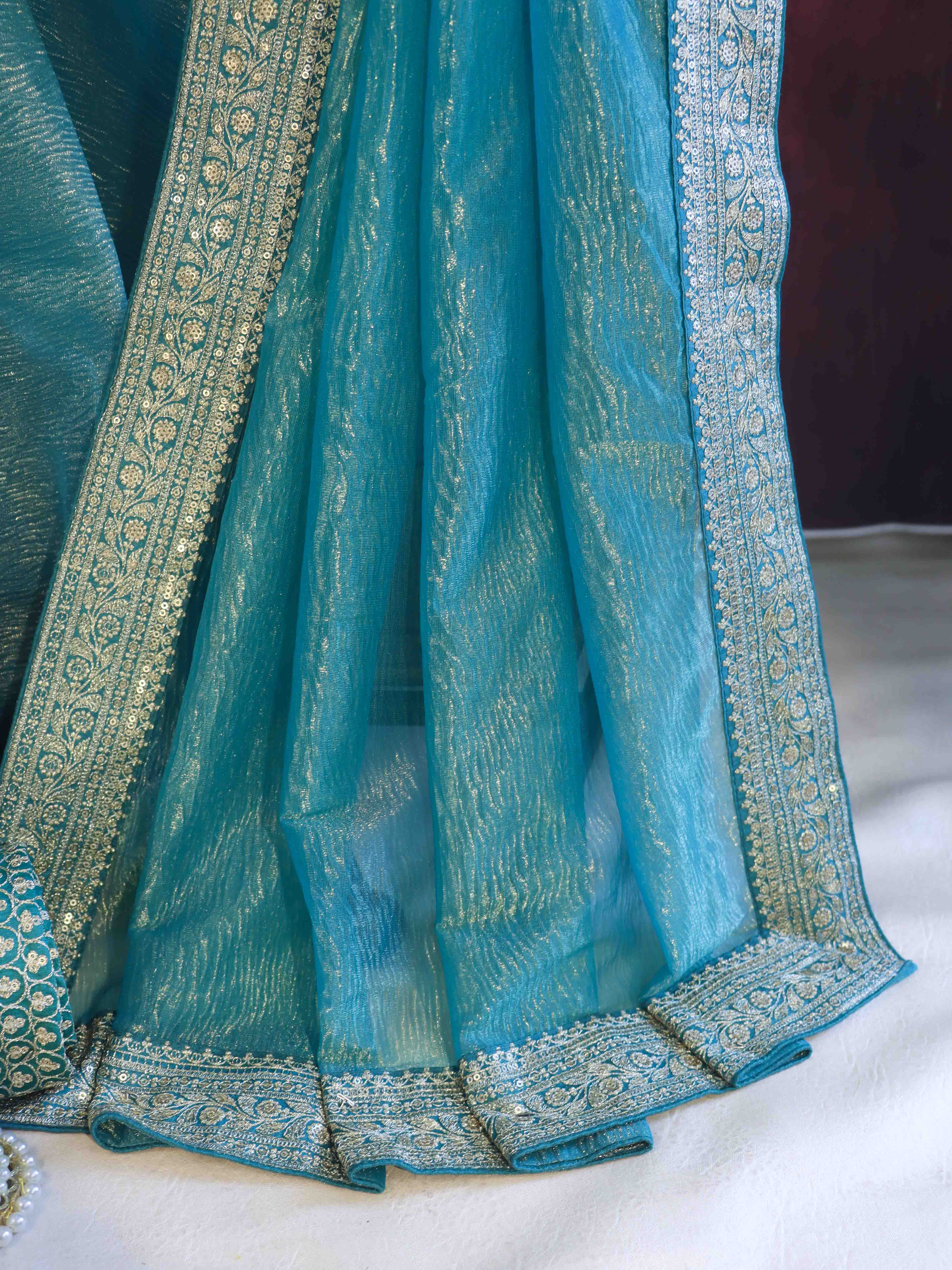 Banarasee Handwoven Crushed Tissue Saree With Silver Zari Border-Sky Blue