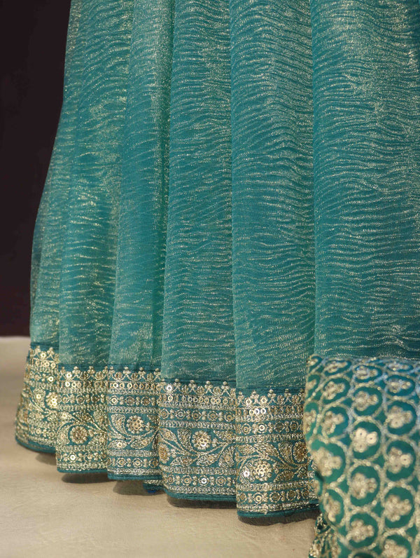 Banarasee Handwoven Crushed Tissue Saree With Silver Zari Border-Sky Blue