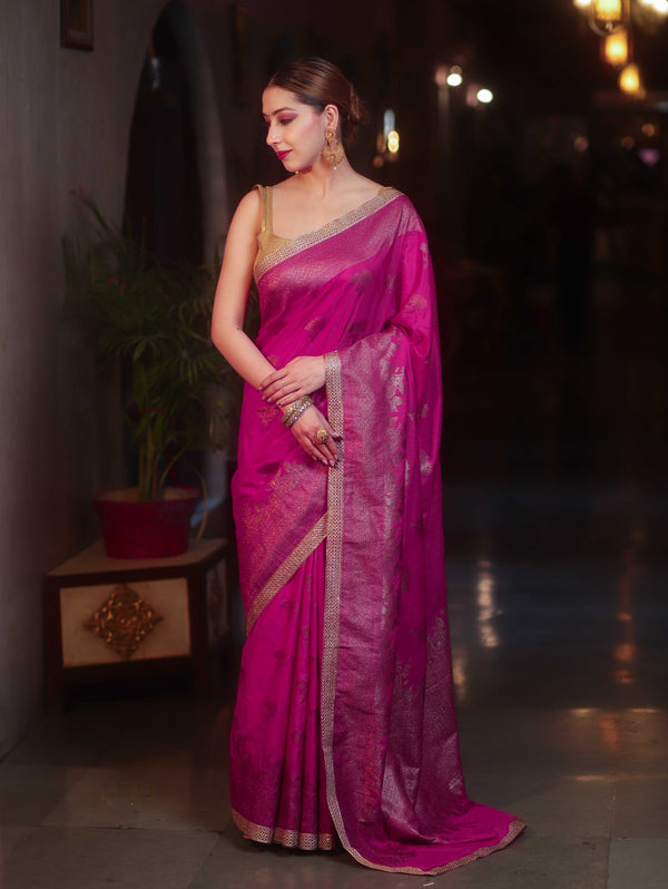 Banarasee Handwoven Silk Cotton Saree Antique Zari Buti & Border With Lace-Pink