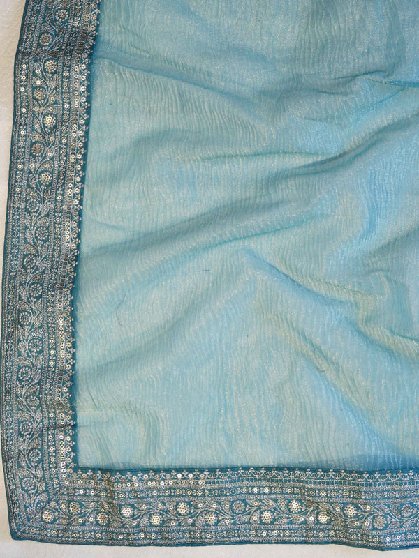 Banarasee Handwoven Crushed Tissue Saree With Silver Zari Border-Sky Blue