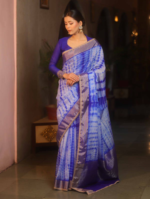 Banarasee Handwoven Semi Silk Shibori Dye Saree With Zari Border-Blue & White