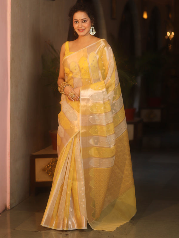 Banarasee Organza Saree With Zari Buti & Rangkat Design-Yellow & White