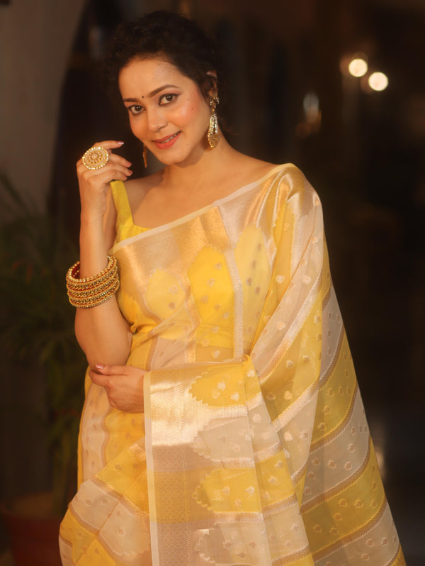Banarasee Organza Saree With Zari Buti & Rangkat Design-Yellow & White