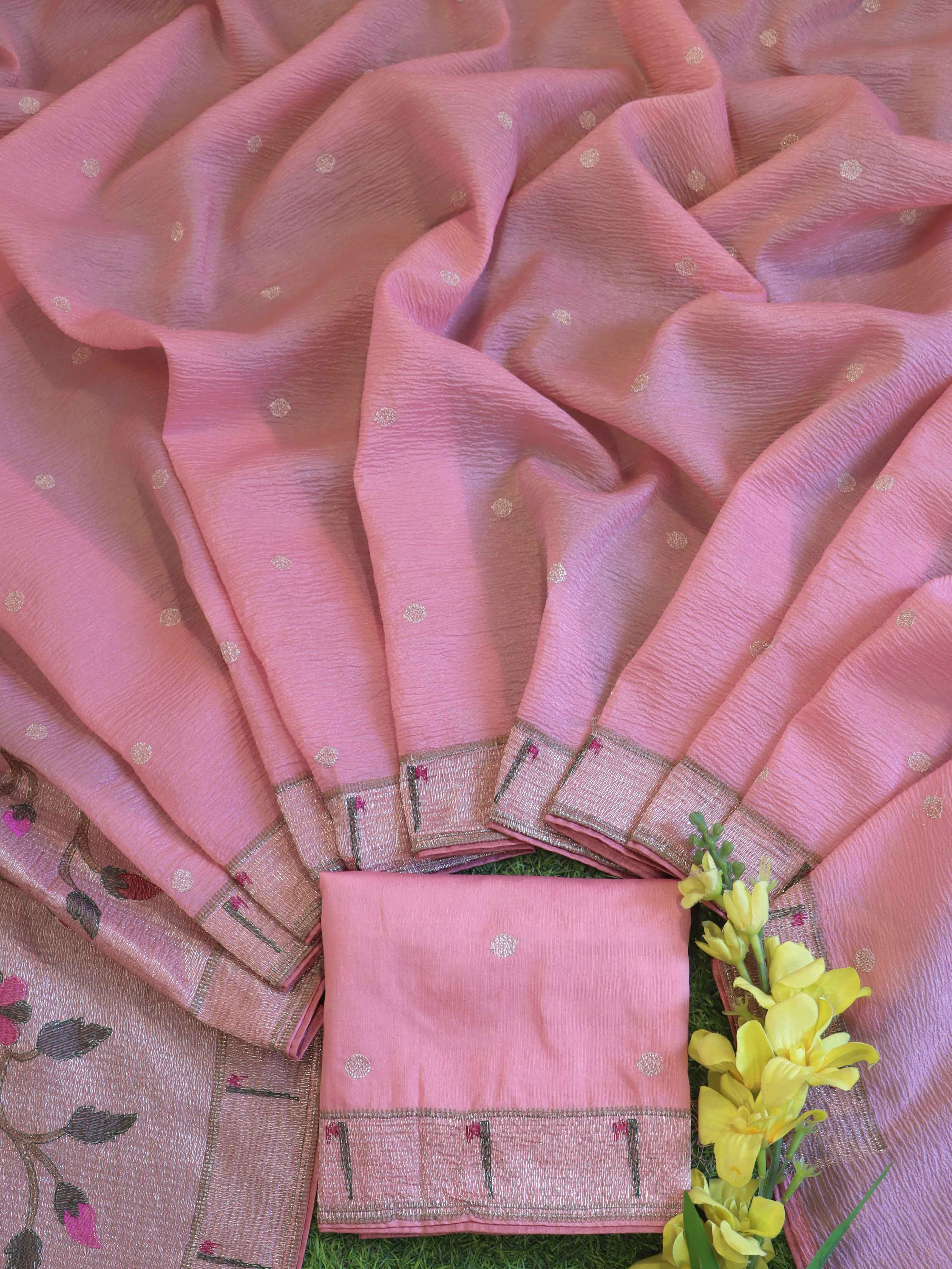 Banarasee Handwoven Crushed Tissue Saree With Zari Embroidery Border-Light Pink