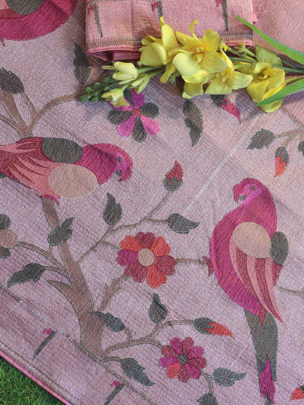 Banarasee Handwoven Crushed Tissue Saree With Zari Embroidery Border-Light Pink