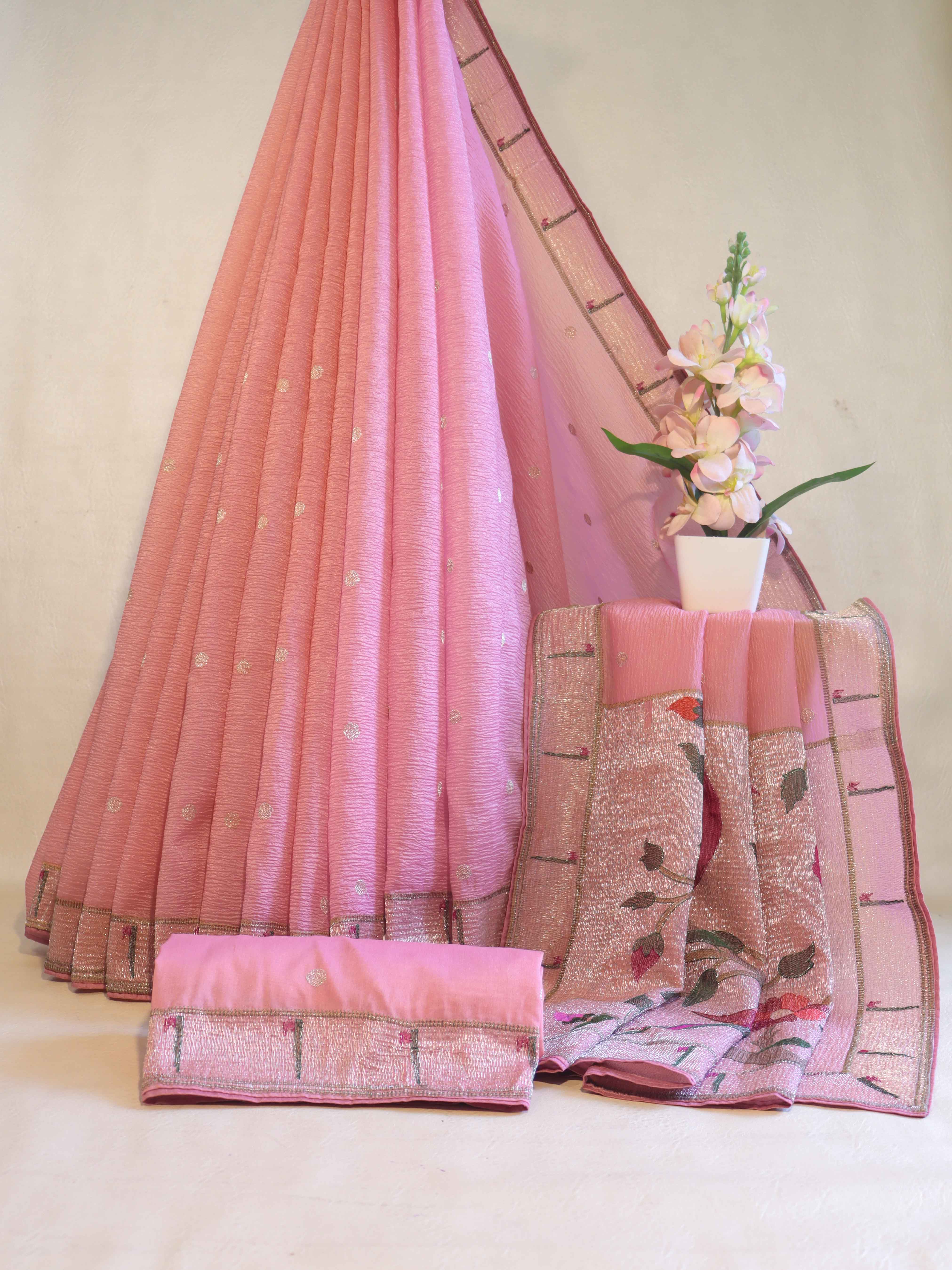 Banarasee Handwoven Crushed Tissue Saree With Zari Embroidery Border-Light Pink