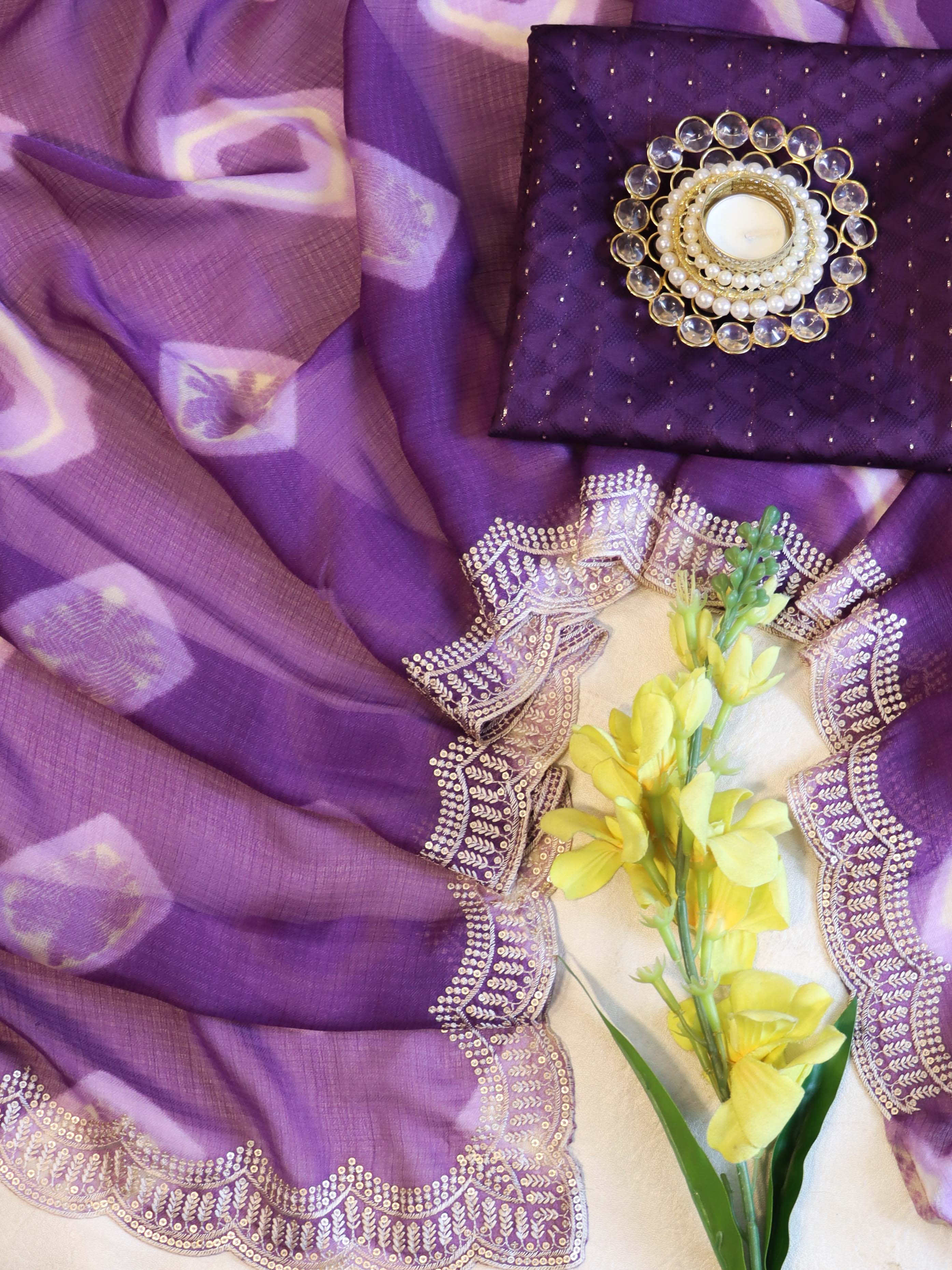 Banarasee Handloom Printed Chiffon Saree With Handwork & Scallop Border-Purple