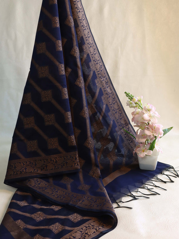 Banarasee Cotton Silk Zari Dupatta-Blue