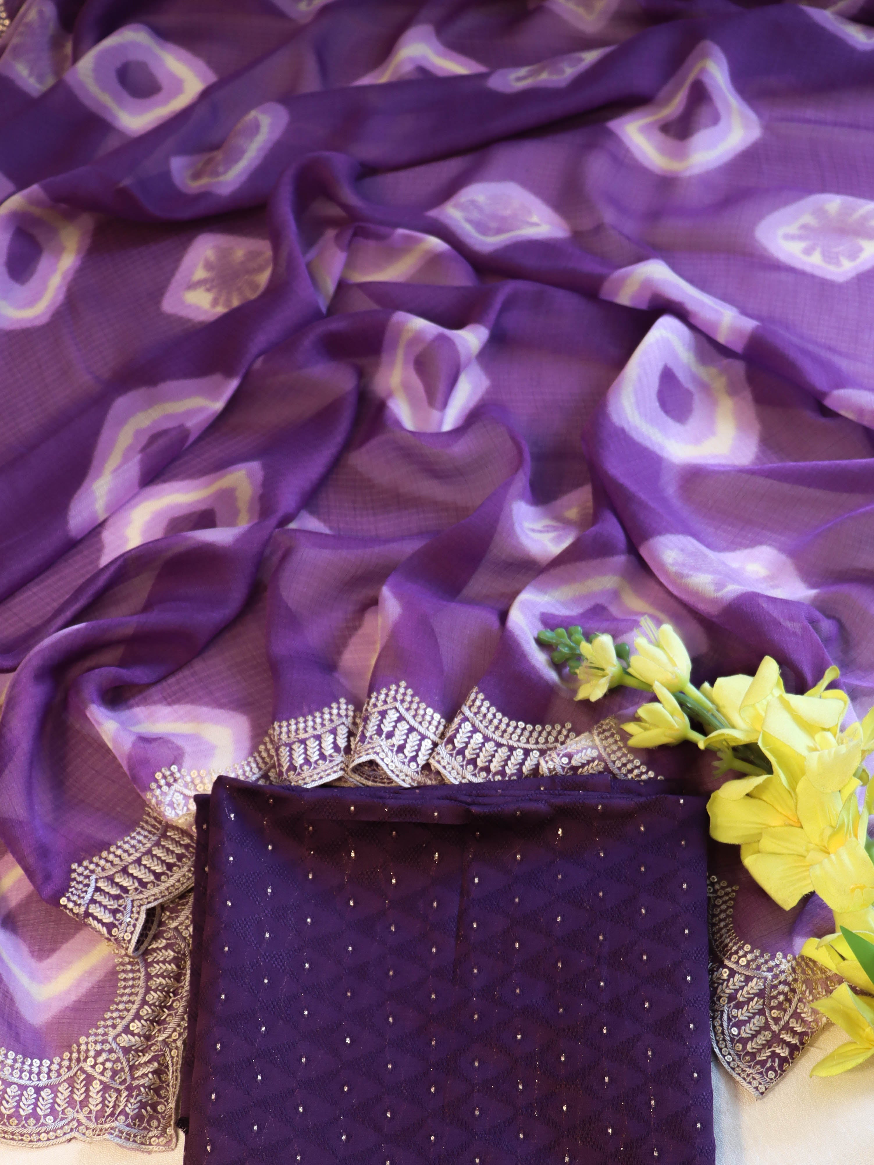 Banarasee Handloom Printed Chiffon Saree With Handwork & Scallop Border-Purple