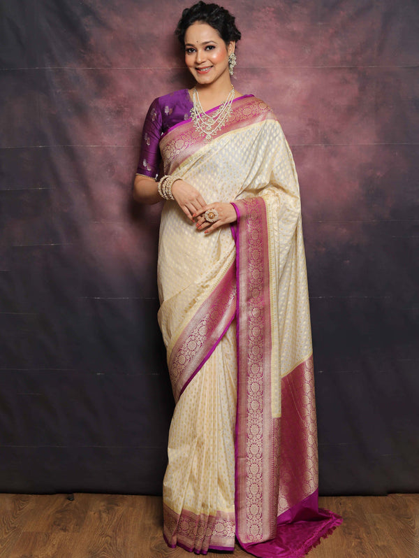 Banarasee Semi-Katan Zari Buta & Contrast Border Saree-Cream & Violet