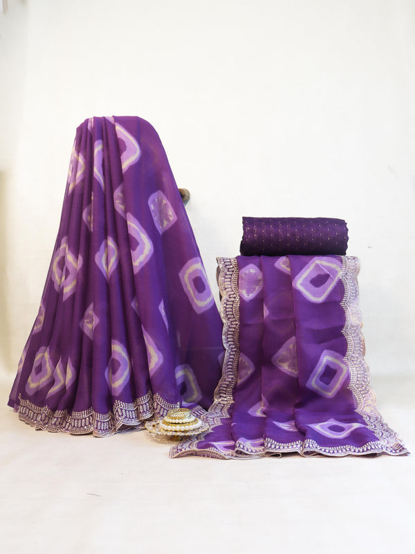 Banarasee Handloom Printed Chiffon Saree With Handwork & Scallop Border-Purple