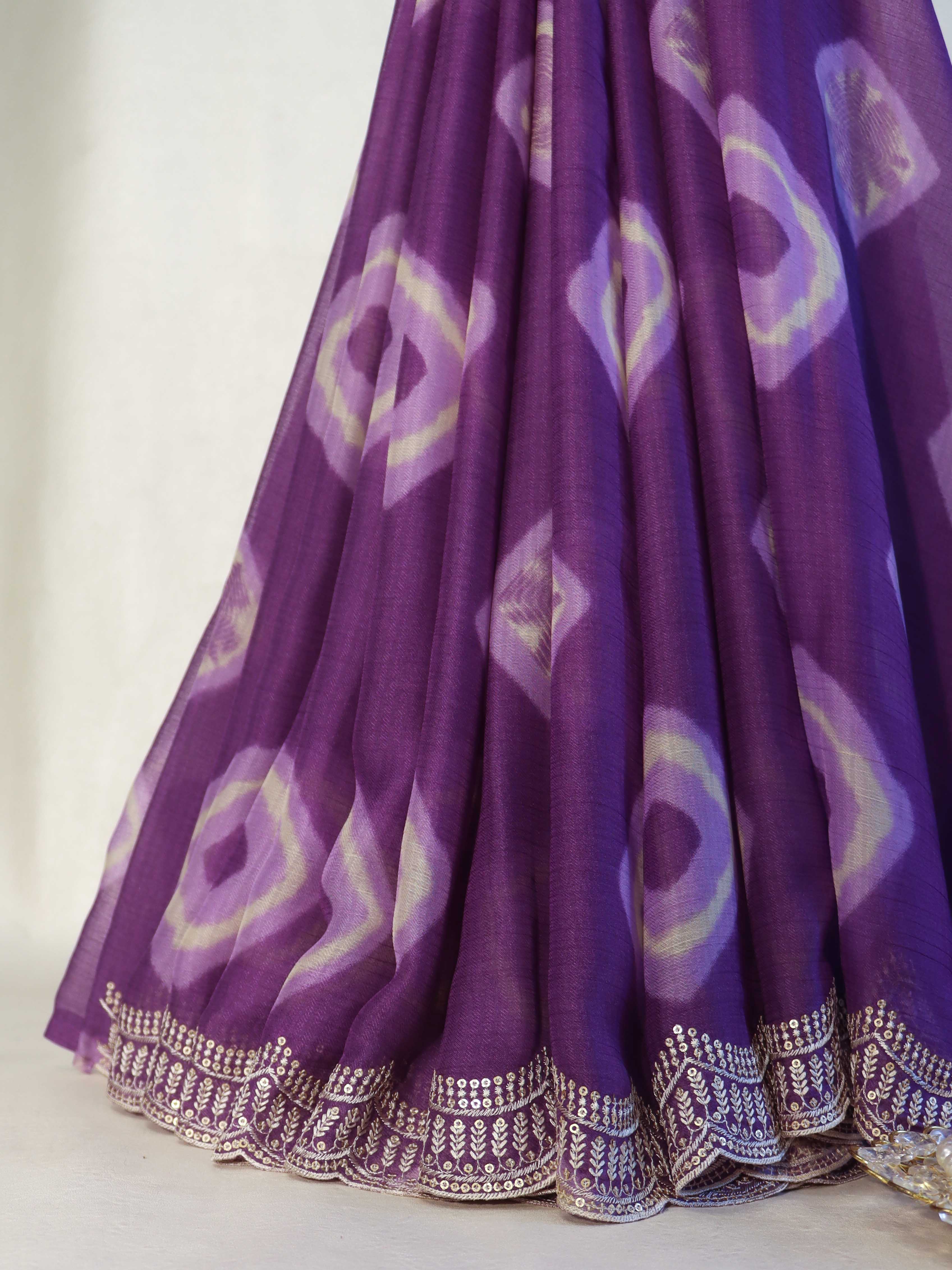 Banarasee Handloom Printed Chiffon Saree With Handwork & Scallop Border-Purple