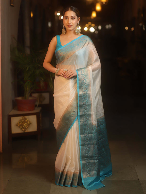Banarasee Handwoven Semi Silk Plain Saree With Zari Contrast Border-White & Blue