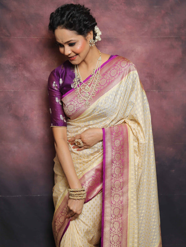 Banarasee Semi-Katan Zari Buta & Contrast Border Saree-Cream & Violet