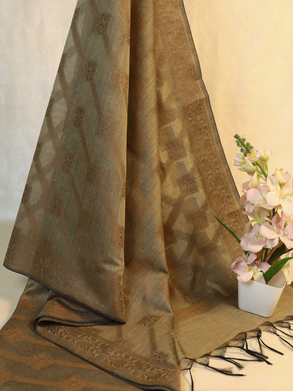 Banarasee Cotton Silk Zari Dupatta-Brown