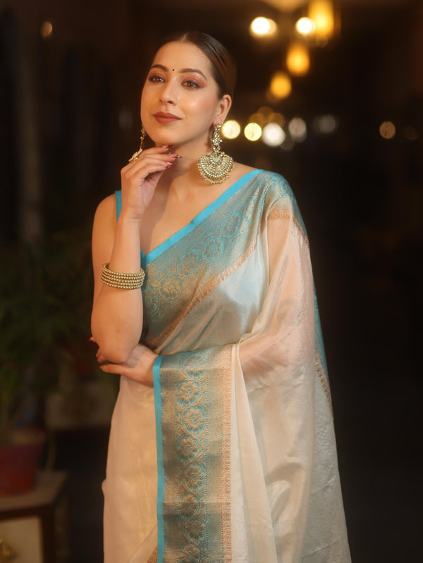 Banarasee Handwoven Semi Silk Plain Saree With Zari Contrast Border-White & Blue
