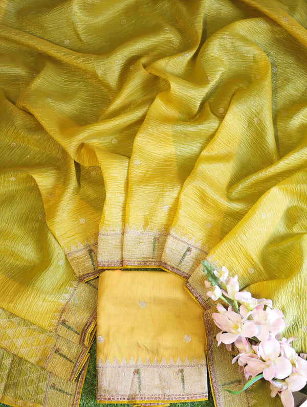 Banarasee Handwoven Crushed Tissue Saree With Zari & Thread Embroidery Border-Yellow