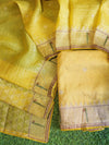 Banarasee Handwoven Crushed Tissue Saree With Zari & Thread Embroidery Border-Yellow