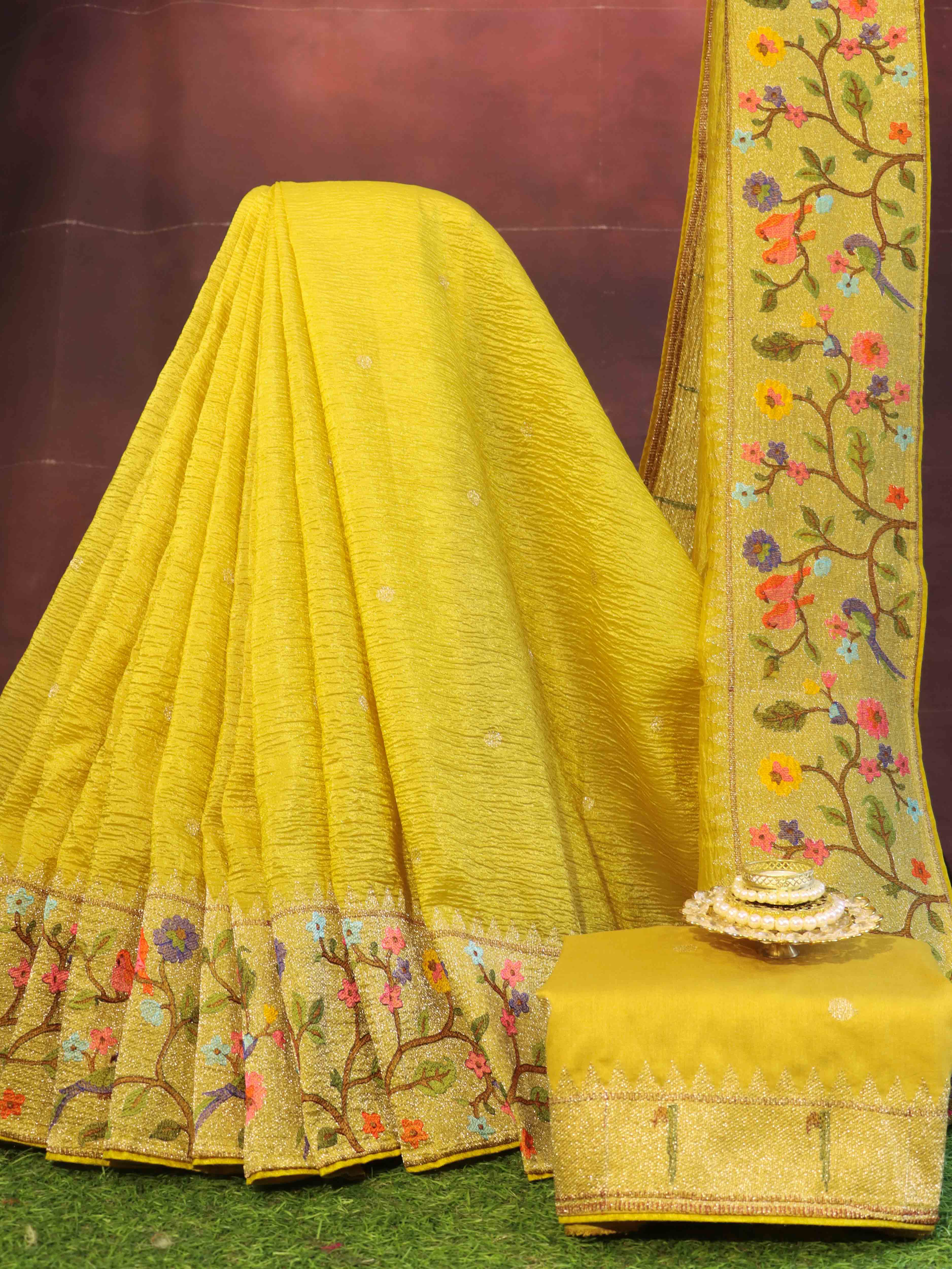 Banarasee Handwoven Crushed Tissue Saree With Zari & Thread Embroidery Border-Yellow