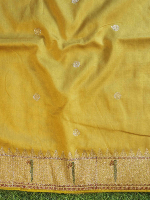 Banarasee Handwoven Crushed Tissue Saree With Zari & Thread Embroidery Border-Yellow
