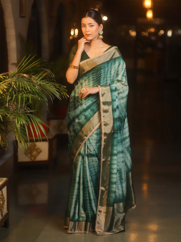 Banarasee Handwoven Semi Silk Shibori Dye Saree With Zari Border-Green & White