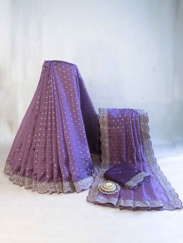 Banarasee Chiffon Saree With Zari Buti Design Handwork & Scallop Border-Light Purple