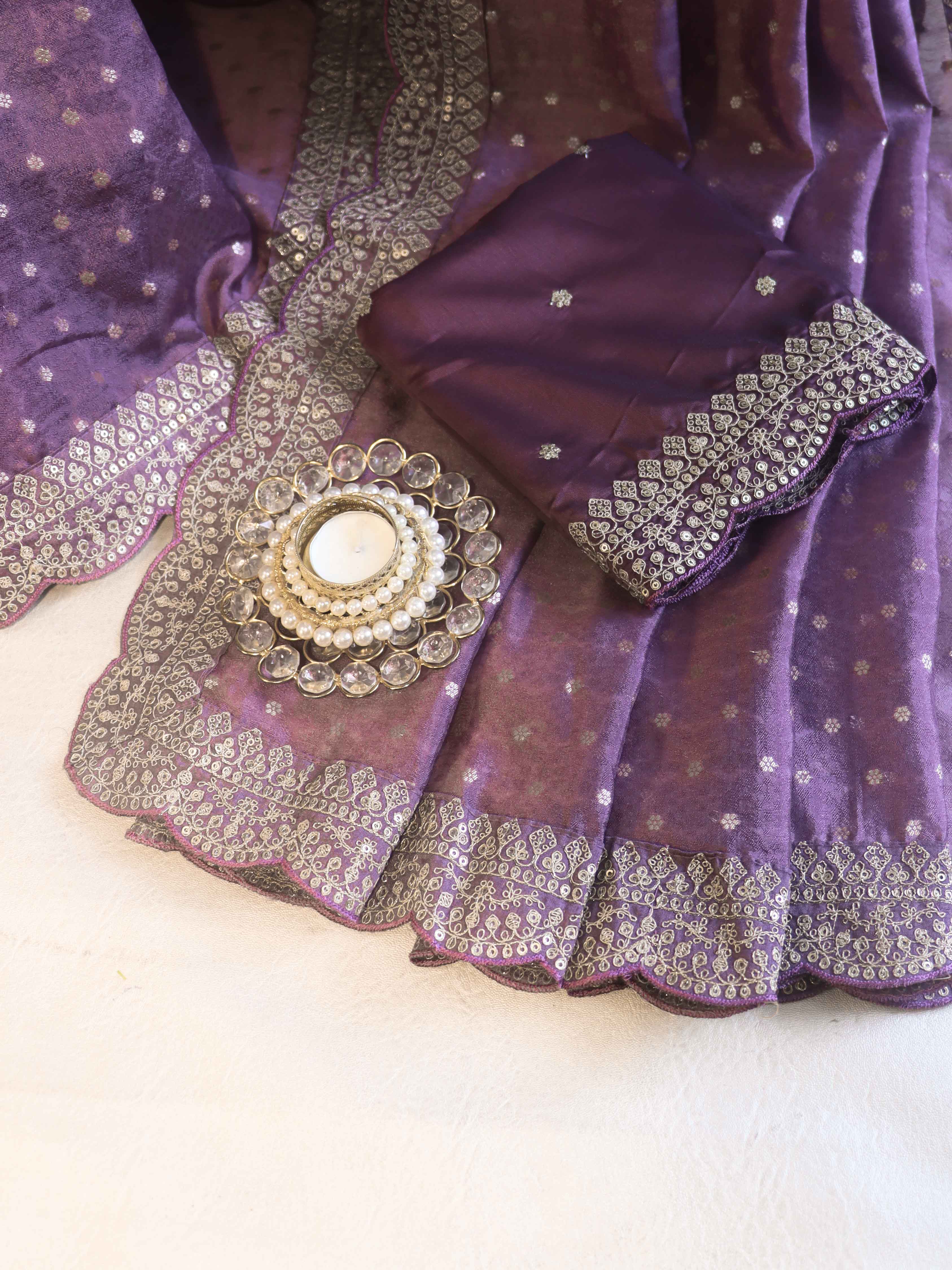 Banarasee Chiffon Saree With Zari Buti Design Handwork & Scallop Border-Light Purple