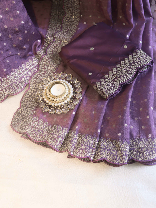 Banarasee Chiffon Saree With Zari Buti Design Handwork & Scallop Border-Light Purple