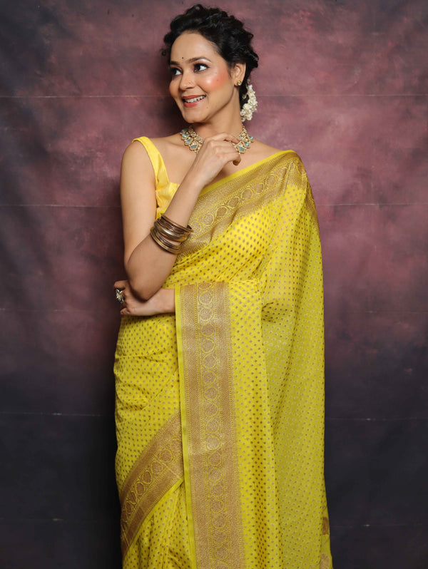 Banarasee Semi-Chiffon Antique Zari Saree-Yellow