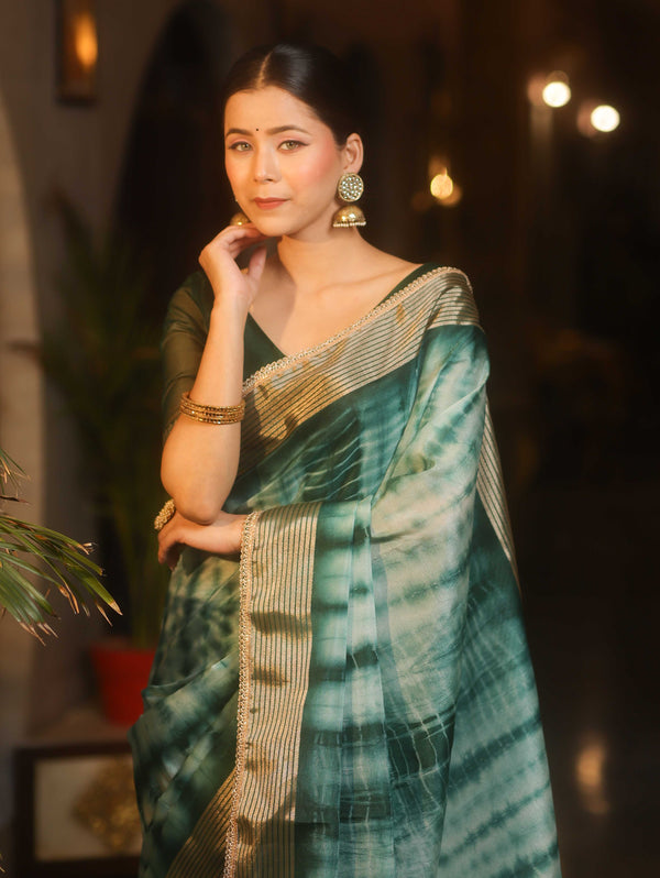 Banarasee Handwoven Semi Silk Shibori Dye Saree With Zari Border-Green & White