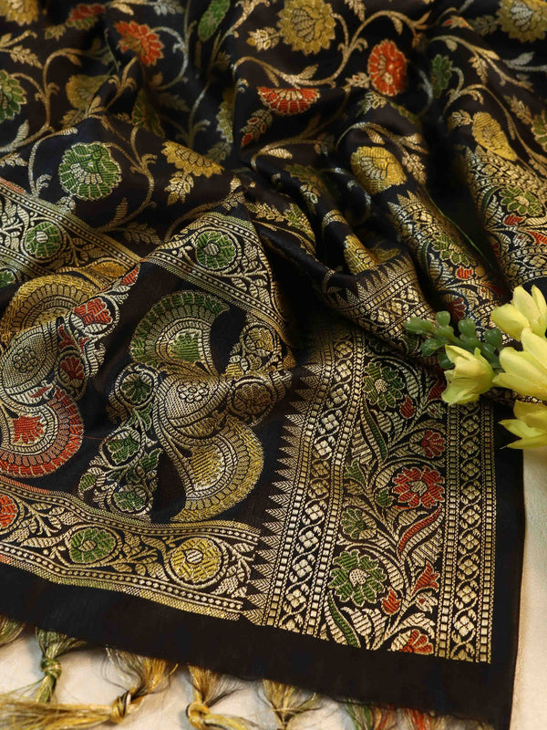 Banarasee Cotton Silk Jaal Design Dupatta-Black