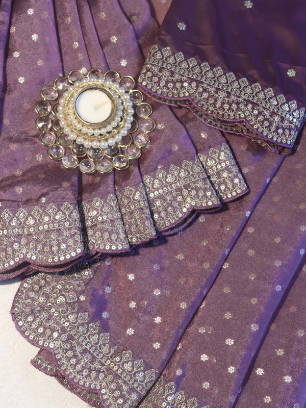 Banarasee Chiffon Saree With Zari Buti Design Handwork & Scallop Border-Light Purple